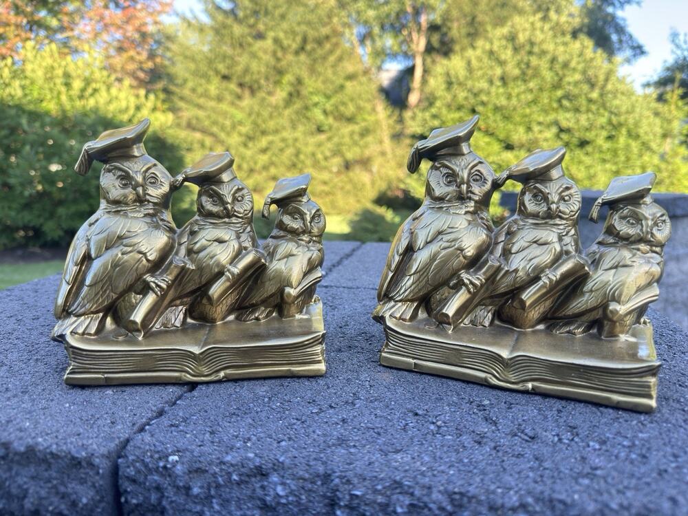 Mid-Century Pair Of Jennings Brothers Solid Brass Scholarly Owl Bookends